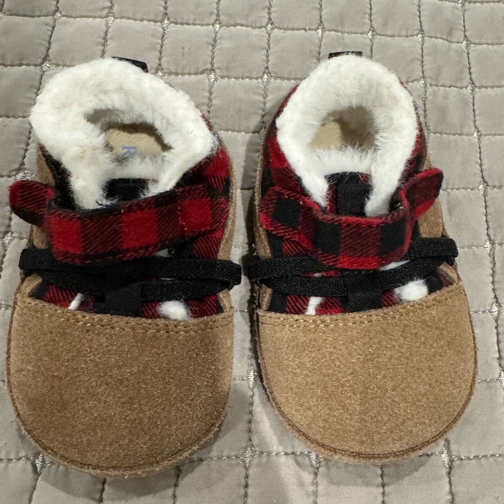 Robeez Red Plaid and Tan Kids Slippers